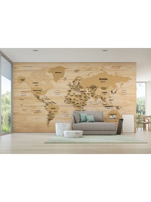 Harita Sepeti Ingilizce Dünya Haritası Duvar Kağıdı Ahşap Görünümlü Detaylı -1877