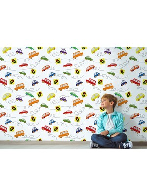 Harita Sepeti Renkli Arabalar Desenli Erkek Çocuk Odası Duvar KAĞIDI-5751