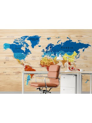 Harita Sepeti Ahşap Görünümlü Detaylı Ingilizce Dünya Haritası Duvar Kağıdı-1784