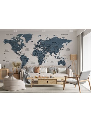 Harita Sepeti Türkçe Dünya Haritası Dekoratif Duvar Kağıdı Son Derece Detaylı-1615