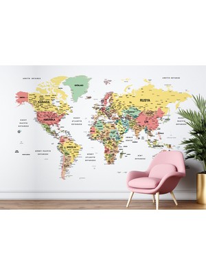 Harita Sepeti Türkçe Dünya Haritası Dekoratif Duvar Kağıdı Son Derece DETAYLI-1626