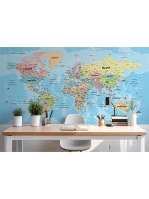 Harita Sepeti Dünya Haritası Türkçe Duvar Kağıdı Ayrıntılı Dekoratif-Okyanuslu 2160