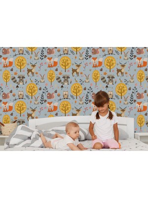 Harita Sepeti Sevimli Doğa Hayvanları Temalı Öğretici Çocuk Odası Duvar Kağıdı-5728