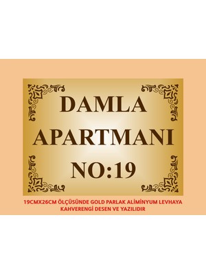 Yüksel 34 Apartman Kapısı Isimliği 26CM*19CM Gold Aliminyum Levha (Kahverengi Yazı Rengi)