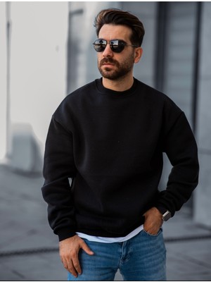 TMB Clothing Modaen Siyah Oversize Bisiklet Yaka Sweatshirt (3 Iplik-Baskısız)