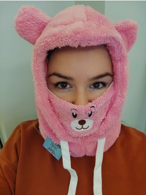 Sofun Sevimli Ayı Pembe Peluş Şapka Peluş Bere Ayıcıklı Şapka Boyunluk