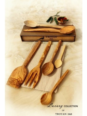 Troyan 1868 El Yapımı 7 Parça Hakiki Zeytin ve Şimşir Ağacı Tahta Kaşık Çatal Seti, Ahşap Kutuda