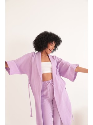 Lody Mood Müslin Kumaş Oversize Kadın Kimono-Lila