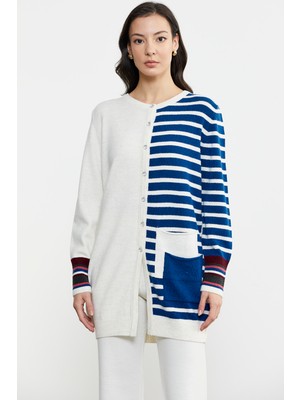 Sementa Çizgi Detaylı Cepli Triko Hırka - Kemik