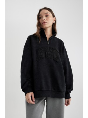 DeFacto Oversize Yarım Fermuarlı Baskılı Soluk Yıkama Efektli Kalın Sweatshirt C2014AX24SP