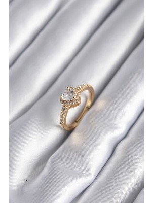 Stil Love Pirinç Gold Renk Zirkon Taşlı Kalp Model Kadın Yüzük