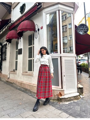 Küçüğüm Butik Kırmızı Ekose Belden Büzgülü Uzun Etek