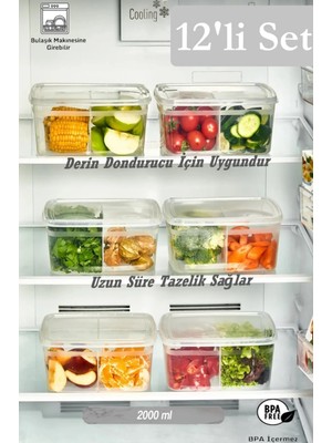 Bayev 12 Adet Duo Şeffaf 2 Lt Buzdolabı Saklama Kabı - Derin Dondurucuya Uygun
