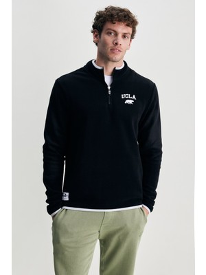 CORNING Siyah Yarım Fermuarlı Nakışlı Polar Erkek Sweatshirt