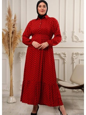 Akşen Giyim Büyük Beden Siyah Puantiyeli Beli Lastikli Yarıya Kadar Düğmeli  Eteği Fırfırlı Tesettür Elbise