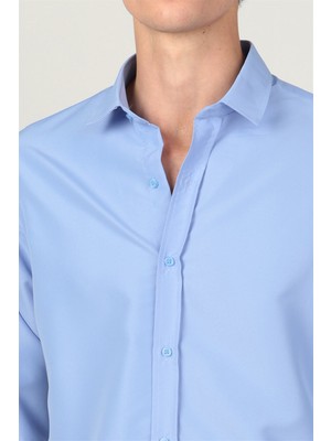 Slim Fit Kolay Ütü Teri Emen Nefes Alan Doku Kravatlık Dört Mevsim Mavi Erkek Gömlek