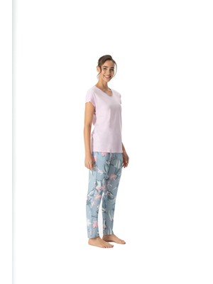 U.S. Polo Assn. Kadın Pembe V Yaka Desenli Pijama Takımı