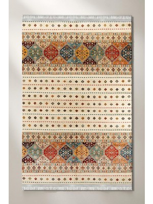 Roslyn Home Etnik Desenli Dekoratif Yıkanabilir Vintage Kilim Kadife Kumaş Dot Taban Leke Tutmaz Hol Halısı