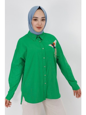 By Coolest Butik 23073 Kuş Nakış Detaylı Poplin Kumaş Gömlek