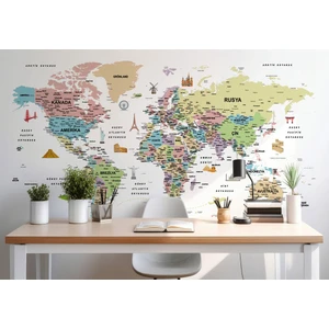 Harita Sepeti Türkçe Dünya Haritası Son Derece Ayrıntılı Eğitici ve Sembollü Duvar Kağıdı-3204