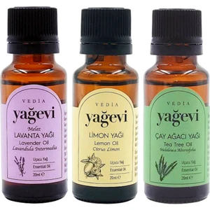 Lavanta Uçucu Yağı 20 ml + Limon Uçucu Yağı 20 ml + Çay Ağacı Uçucu Yağı 20 ml 3'lü Set Büyük Boy