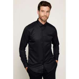 Slim Fit Uzun Kollu Kolay Ütü Teri Emen Nefes Alan Doku Kravatlık Dört Mevsim Siyah Erkek Gömlek