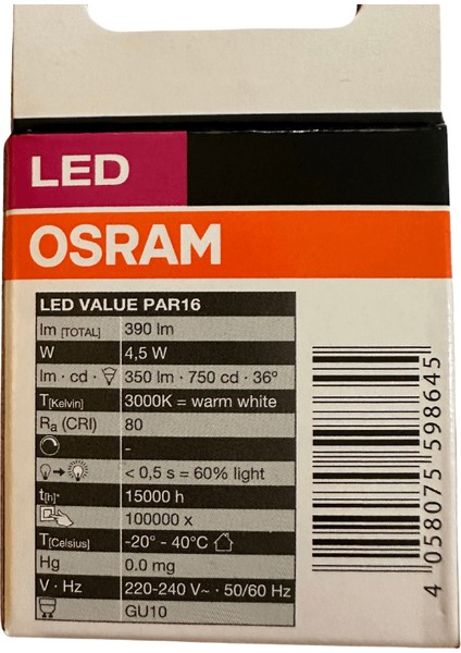 4.5W (50W) 3000K (Sarı Işık) GU10 Duylu PAR16 LED Spot (2 Adet)