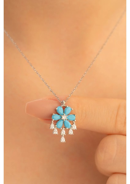 Kadın Gümüş Kolye - Zirkon Taşlı ve Turkuaz Taşlı Çiçek Motifli Gümüş Kolye fiyatları