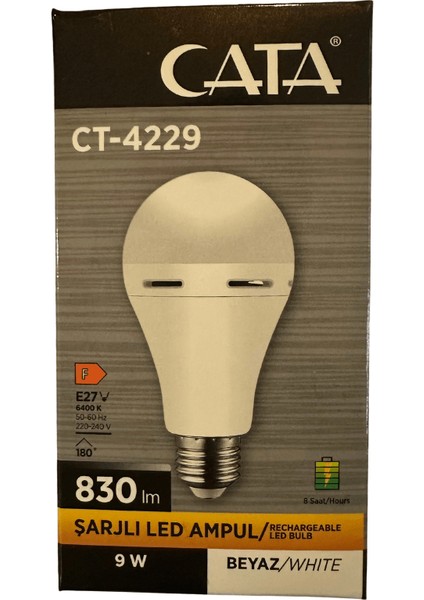 CT-4229 9W 6400K (Beyaz Işık) E27 Duylu Şarjlı LED Ampul (2 Adet)