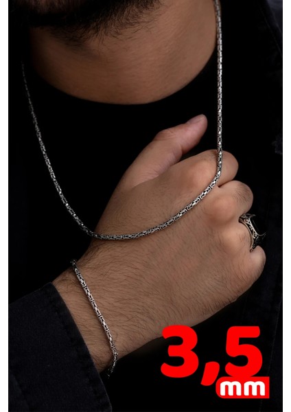 Erkek Gümüş Bileklik Kolye Set - 3.5mm 925 Ayar Gümüş Yuvarlak Kral Model Set