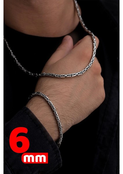 Erkek Gümüş Bileklik Kolye Set - 6mm 925 Ayar Gümüş Yuvarlak Kral Model Set