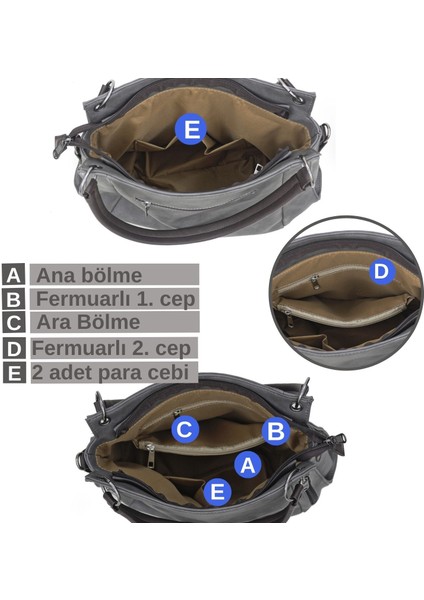 3232 New Phaselis Kadın Dumanlı Antrasit Suni Deri Omuz El Günlük Tote Cepli Çapraz Çanta