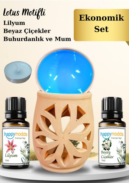 Lotus Motifli Buhurdanlık, Mum ve Lilyum, Beyaz Çiçekler Kokulu Esansiyel Uçucu Yağ 10 ml