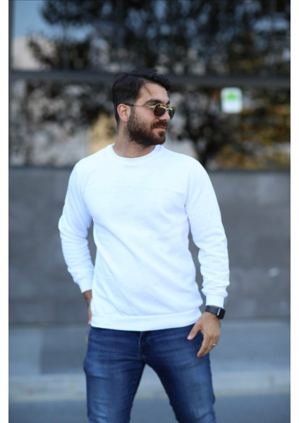 TMB Clothing Modaen Beyaz Bisiklet Yaka Sweatshirt(2 Iplik-Baskısız)