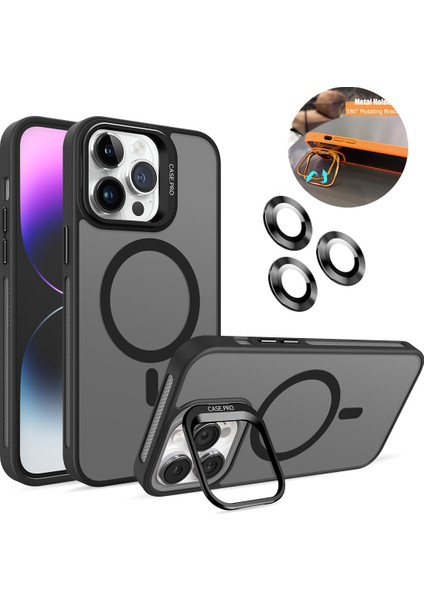 iPhone 15 Pro Max Kılıf + Lens Koruyucu Magsafe ve Stant Özellikli Arkası Mat Sert Pc Leke Yapmaz