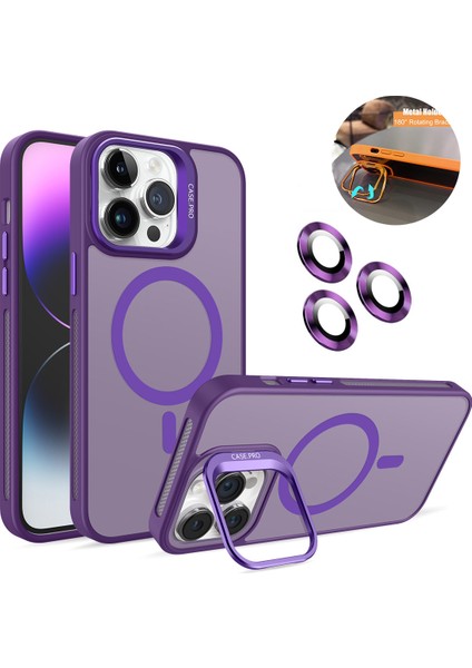 iPhone 15 Pro Max Kılıf + Lens Koruyucu Magsafe ve Stant Özellikli Arkası Mat Sert Pc Leke Yapmaz