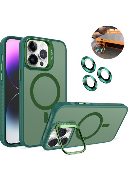 iPhone 15 Pro Kılıf + Lens Koruyucu Magsafe ve Stant Özellikli Arkası Mat Sert Pc Leke Yapmaz