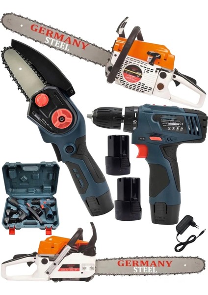 3'lü Set 9 Hp Benzinli Odun Ağaç Kesme Hızar Motoru- 58VF Şarjlı Dal Budama Şarjlı Matkap Vidalama