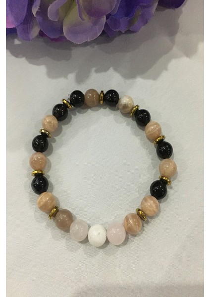 8 mm Panik Atakk Doğal Taş Bileklik (Güneş Taşı, Dumanlı Kuvars, Ay Taşı, Pembe Kuvars, Hematit)