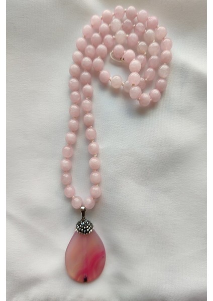 Pembe Akik Uçlu Pembe Kuvars Doğaltaş Kolye