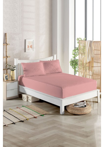 150X200 Renkli Çift Kişilik Kapitoneli Fitted Yatak Korucu Pamuklu Pembe