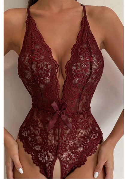 Fancy&dancy Kadın Bacak Arası Açık Dantel Tül Babydoll - Çapraz Askı Detaylı Şık Gecelik - Tek Parça Iç Çamaşırı Bodysuit - 7300