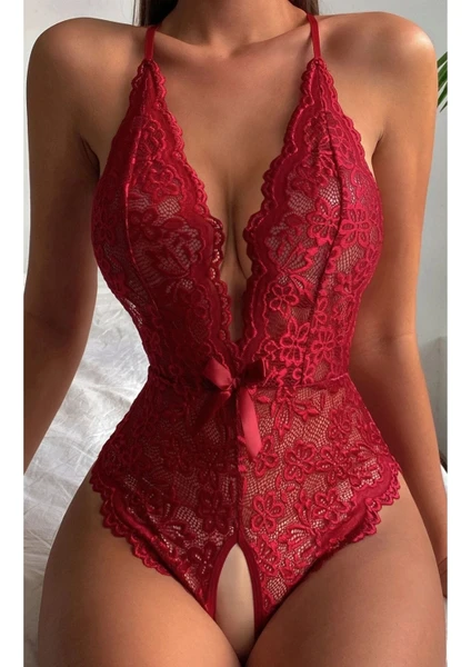 Fancy&dancy Kadın Bacak Arası Açık Dantel Tül Babydoll - Çapraz Askı Detaylı Şık Gecelik - Tek Parça Iç Çamaşırı Bodysuit - 7300