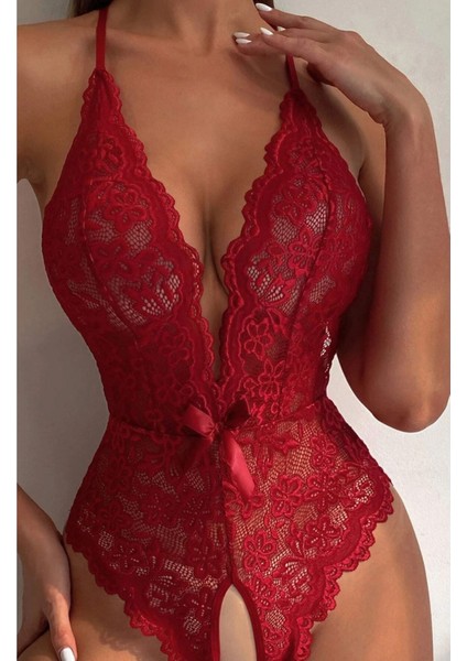 Kadın Bacak Arası Açık Dantel Tül Babydoll - Çapraz Askı Detaylı Şık Gecelik - Tek Parça Iç Çamaşırı Bodysuit - 7300