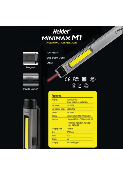 Minimax M1 (Yeni) Özel Metal Tasarım 3 Fonksiyonlu (Lazer + 50 M2 Gövde Lambası + El Feneri) Ce+Rohs Belgeli