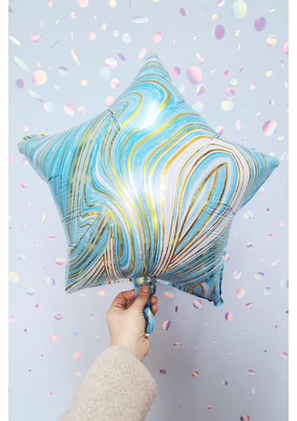 Mavi Mermer Yıldız Folyo Retro Mermer Desen Kalp Balon 18INÇ