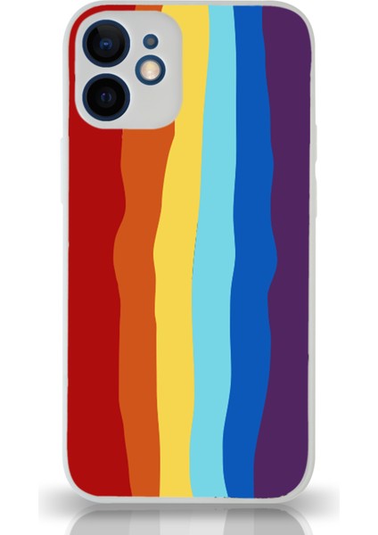 Apple iPhone 12 Mini Kamera Korumalı Renkli Gökkuşağı Desenli Cam Kapak Beyaz