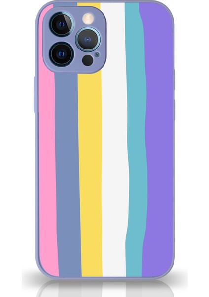 Apple iPhone 12 Pro Max Kamera Korumalı Lila Gökkuşağı Desenli Cam Kapak Lila