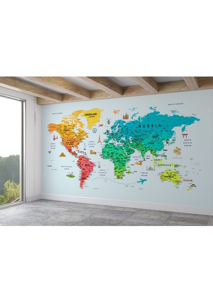 Renkli Dünya Haritası Duvar Kağıdı Detaylı Ülke ve BAŞKENTLI-1782 fiyatları