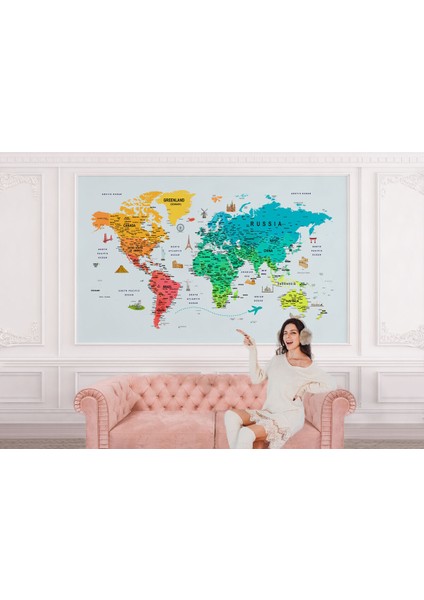 Renkli Dünya Haritası Duvar Kağıdı Detaylı Ülke ve BAŞKENTLI-1782 modelleri